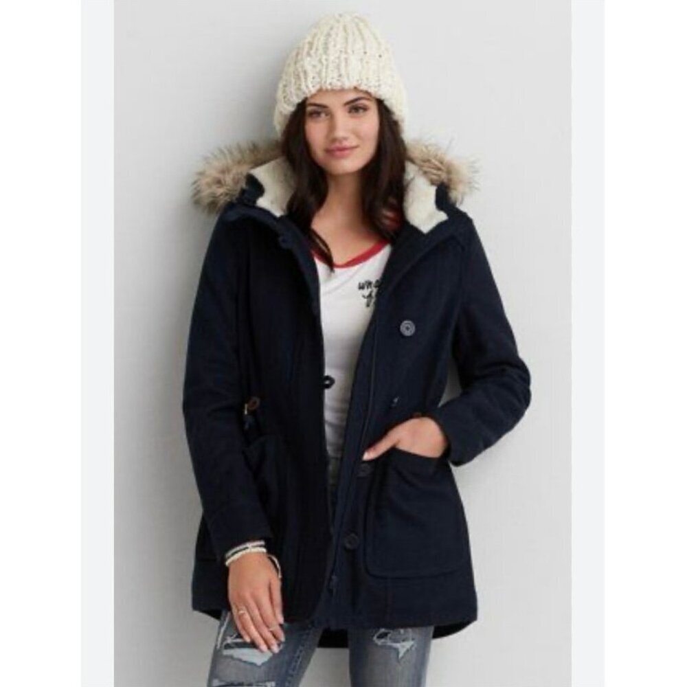 American Eagle Outfitters Wool Blend Parka Faux Fur Hood Navy Blue Womens Small